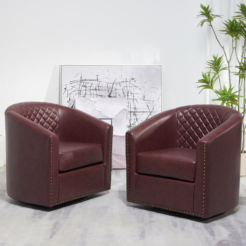 Logan Faux Leather Tufted Swivel Club Chair - Red Modern Swivel Chair | Swivel Accent Chairs | Kinwell Furniture | Swivel Armchairs
